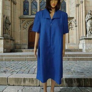 Vintage 80s Designer Dress Tamotsu New York Blue Linen Shift Size 1X Deadstock